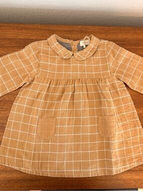 Checked Peter Pan Collar Kids Dress in Tan - Unbranded